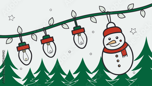 A joyful cartoon snowman wearing a hat stands beside a decorated Christmas tree in a winter wonderland scene with falling snowflakes