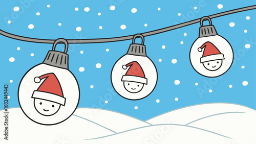 A cartoon Christmas greeting card illustration featuring a cheerful Santa Claus with a gift in a snowy winter wonderland