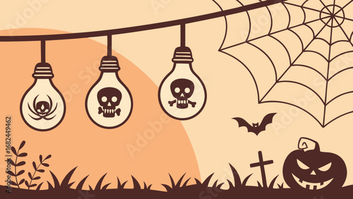 Autumn holiday vintage Halloween night background with Halloween Skeleton and Skull inside the bulb