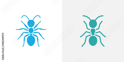 Two Stylized Ant Icons in Blue and Teal Against White and Gray Backgrounds