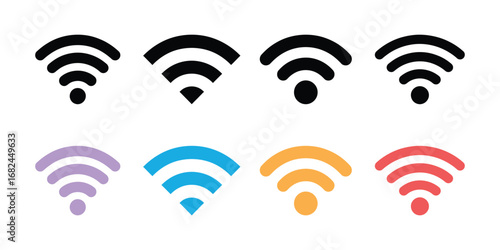 Varied WiFi Signal Icons Black, Purple, Blue, Orange, and Red on White Background