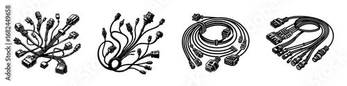 Modern Minimalist Wiring Harness Icon, Flat Silhouette of an Electrical Cable Assembly Vector for Automotive Illustration Design
