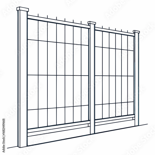Tall dark grid fence with posts dark lines horizontal bars