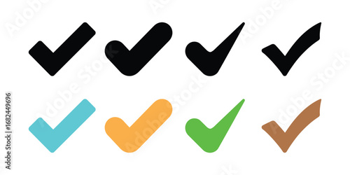 Variety of Eight Tick Icons in Different Shapes and Colors on a White Background