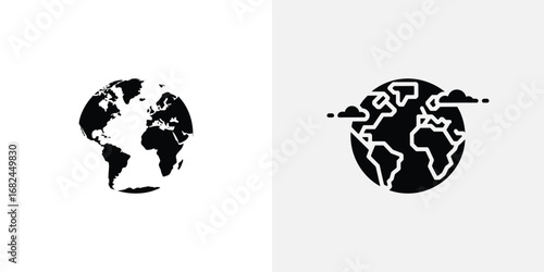 World Globe in Two Styles Realistic Silhouette and Bold Icon with Clouds Depicted