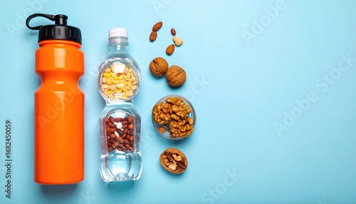 Flatlay of an orange water bottle and clear bottle with snacks (nuts, dried fruit) alongside loose nuts on a light blue background