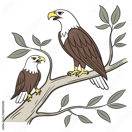 Two eagles perched on a branch with leaves bird wildlife