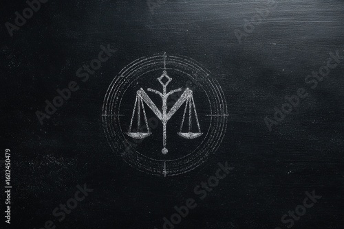 Justice Symbol with Scales and Chalk Drawing on Black Background