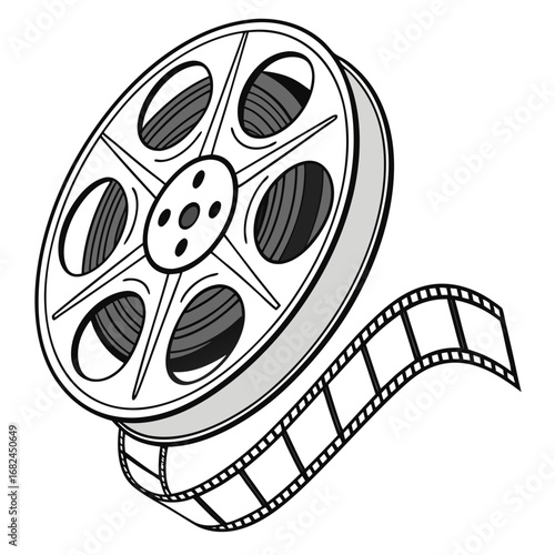 Vintage film reel with unwinding strip movie cinema