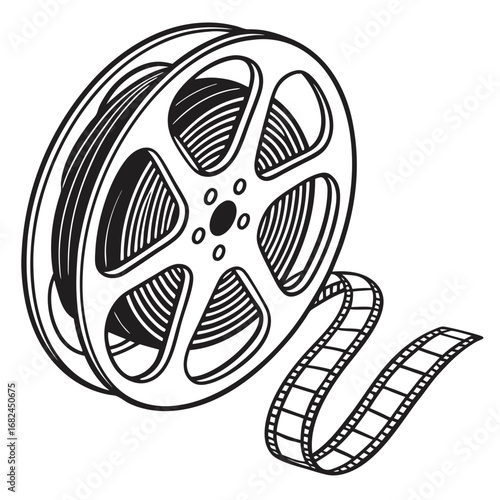 Vintage film reel with unwound celluloid strip movie