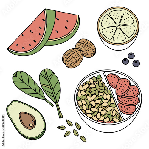 Watermelon orange avocado walnuts blueberries spinach seeds