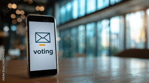 Smartphone Showing Voting Icon on Wooden Table
