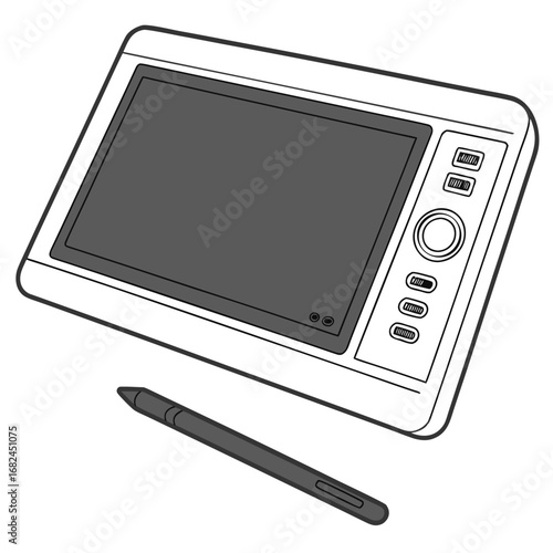 White drawing tablet with dark screen and stylus digital art