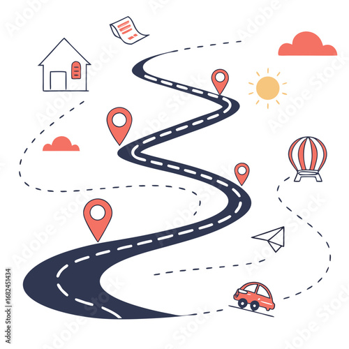 Winding road journey with travel icons road trip destination