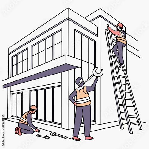Workers repairing building exterior with tools construction