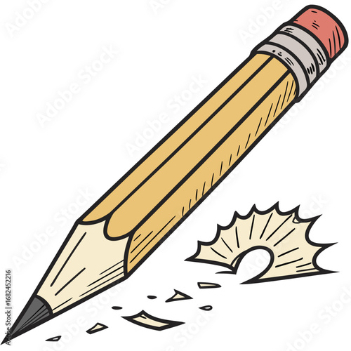 Yellow pencil with pink eraser and shavings writing