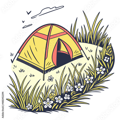 Yellow tent in grassy field with flowers camping blue
