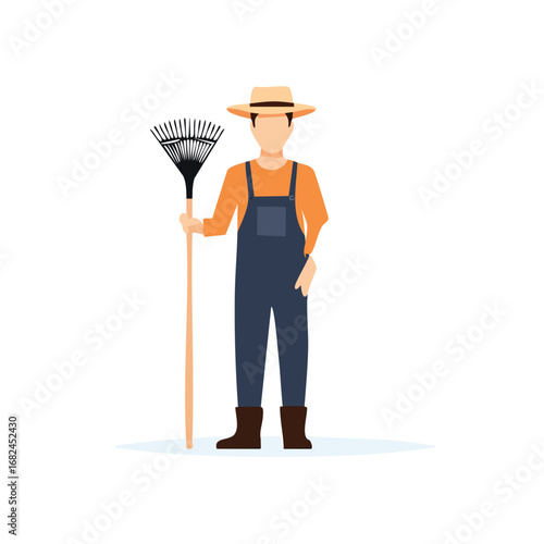 Farmer with Rake, Flat Design Illustration