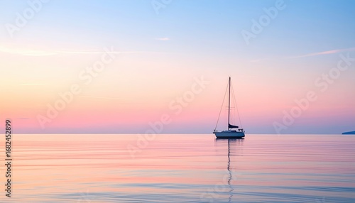 Serene seascape featuring a lone sailboat on calm waters reflecting the soft pink and blue hues of the sunset, creating a peaceful atmosphere