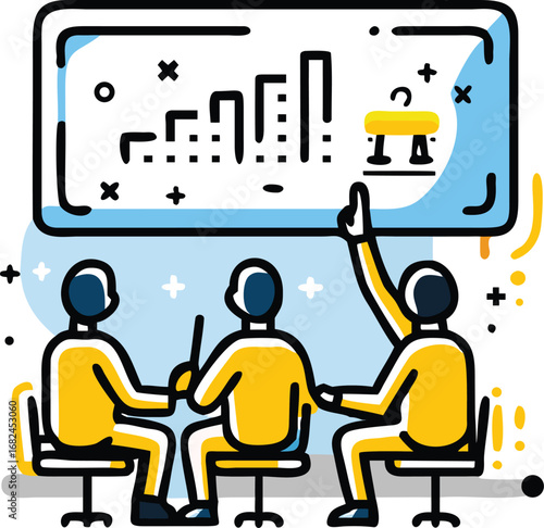 Vector art of business presentation with team discussing chart