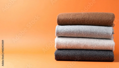 Stack of neatly folded, neutral-toned blankets/sweaters resting on an orange surface, providing a sense of warmth and organization
