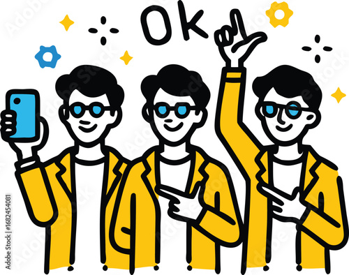 Vector art of three people are celebrating success with ok sign