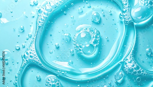 Aqua-blue gel surface with varied textures smooth swirls, scattered bubbles, and dense frothy formations. Viscous and translucent, evoking coolness