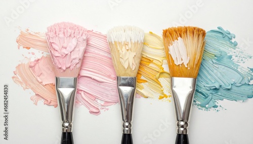 Three paintbrushes arranged horizontally, each loaded with a different color of thick paint, resting on streaks of corresponding colored paint