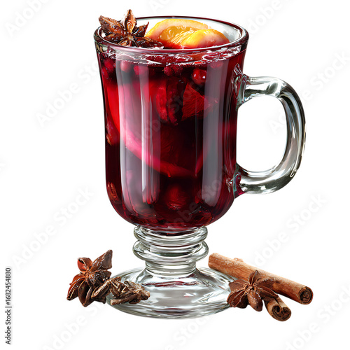 Warm mulled wine in a glass with cinnamon sticks and star anise against a black background