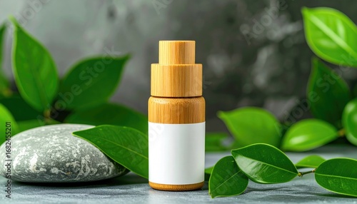 Small bottle with a bamboo top and a white label, surrounded by green leaves and a gray stone on a gray surface, soft focus