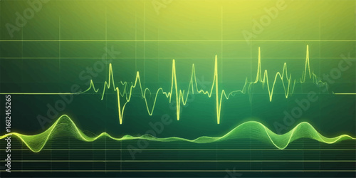 The medical cardiogram screen displays a rhythmic green heartbeat pulse wave