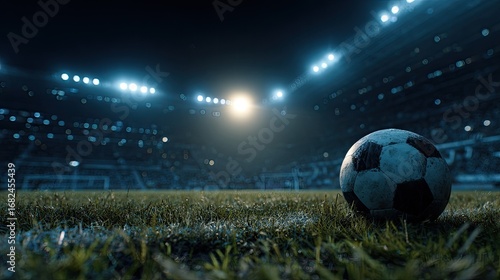 Soccer ball on a stadium field at night, lit by bright spotlights