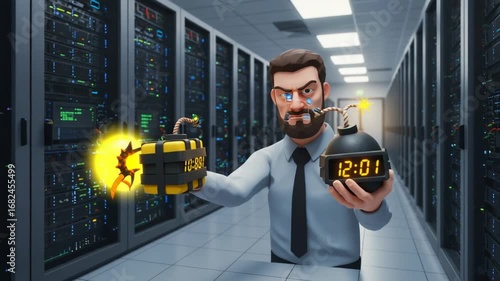 Man in Server Room Holding Bomb with Timer Display
