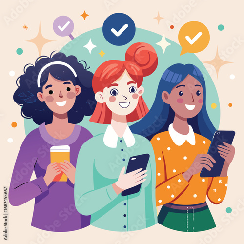 Vector art of three diverse women using smartphones with check marks