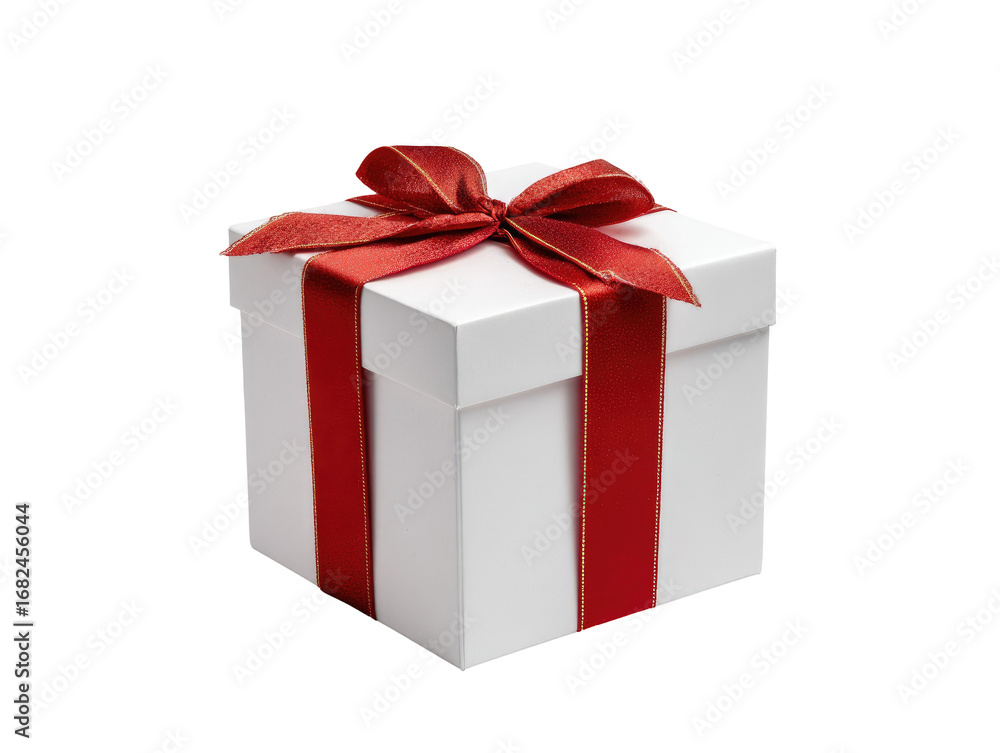 Obraz premium White gift box, red ribbon