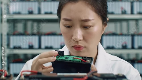 Woman working on a battery pack in a lab