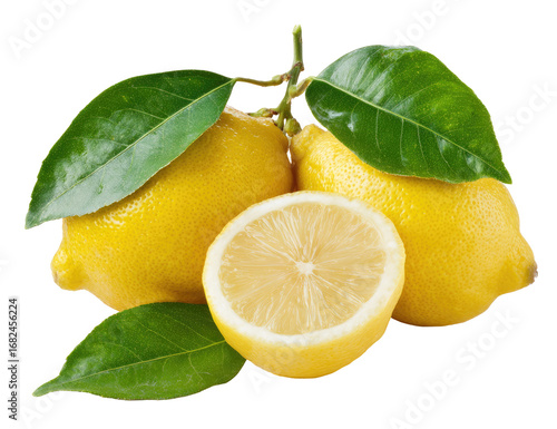 Wallpaper Mural Fresh lemons with leaves. Close-up view of three lemons, two whole and one sliced in half, set on a dark background. Lush green leaves are interwoven with the citrus fruits Torontodigital.ca