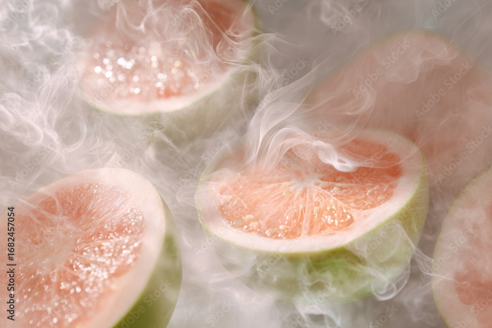 Fototapeta premium Soft Focus of Juicy Pink Grapefruit Slices with Dreamy Smoke Effect