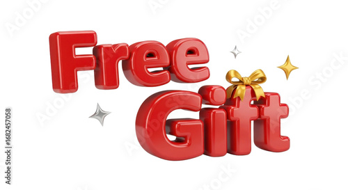 Celebrate with a special free gift offer featuring vibrant red lettering and a luxurious golden bow, perfect for promotions and giveaways.