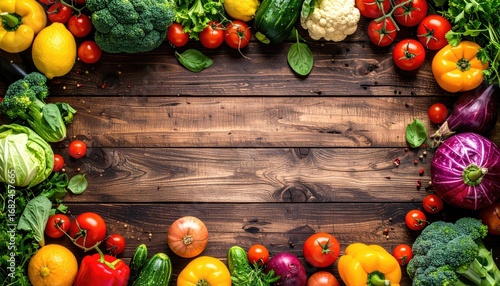 Assorted fresh vegetables and leafy greens frame a rustic wooden surface. Bright colors contrast with the dark wood, creating an inviting backdrop