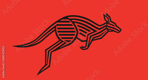 Stylized jumping kangaroo with horizontal stripes.