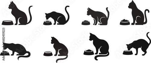 A series of black silhouettes depicting cats interacting with food bowls in various poses.