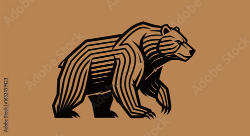 Stylized Bear Illustration with Horizontal Stripes on Brown Background.
