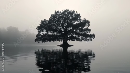 Misty lake, lone oak