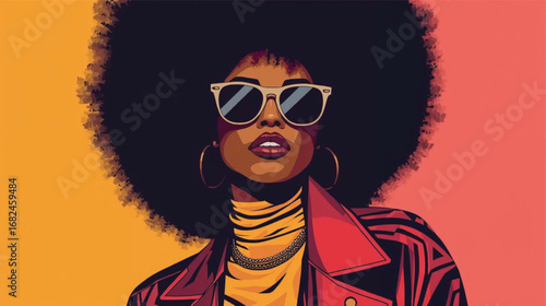 "Modern Fashion Vector of American  Woman with Afro Hair and Sunglasses" Ai Generate 