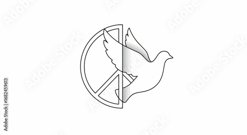 Elegant minimalist vector illustration of a peace dove merging with a peace symbol, ideal for promoting global harmony and non-violence initiatives.