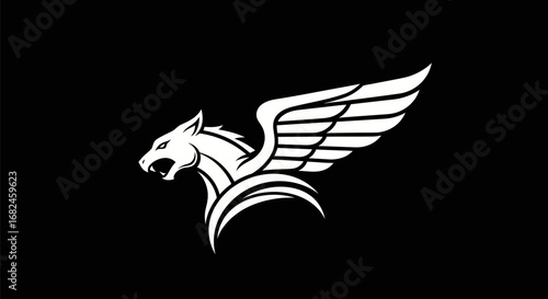 Majestic White Gryphon Head with Wing Illustration.