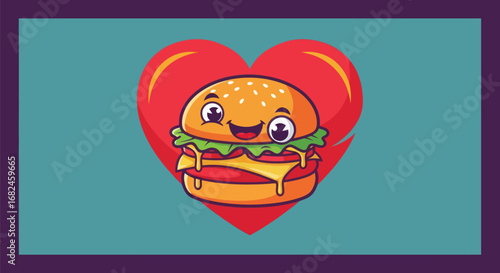 Cute Cartoon Burger with a Happy Face and Melting Cheese.