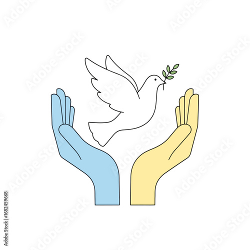 Vector illustration depicting a dove of peace over hands colored in the colors of the Ukrainian flag, symbolizing hope and solidarity for peace initiatives