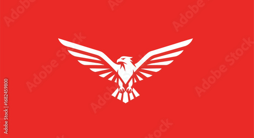 Stylized white eagle with outstretched wings against a vibrant red background.